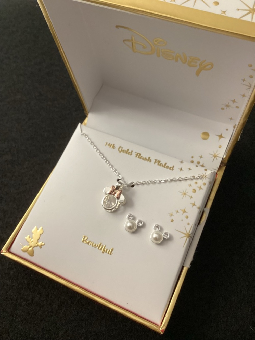 Disney Minnie Mouse 14k Gold Flash Plated Silver Necklace and Earrings Set